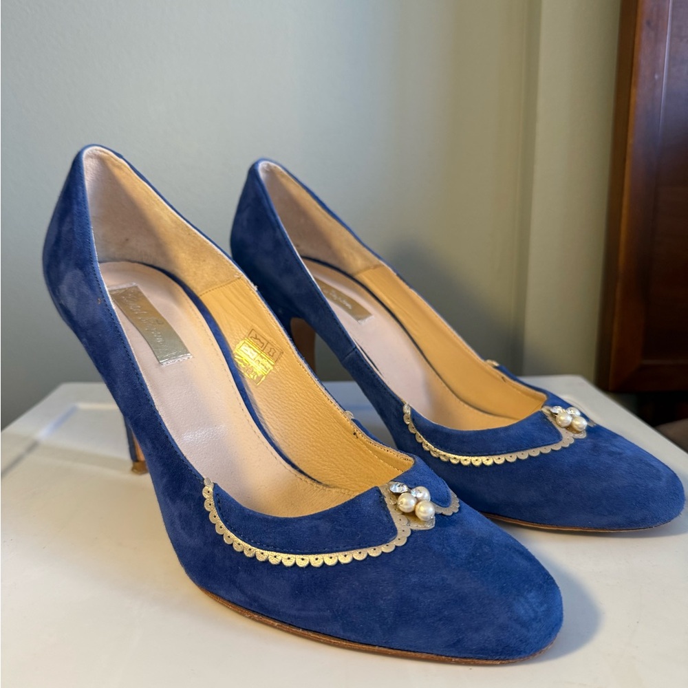 Rachel Simpson Blue Suede Heels with Pearl Detail